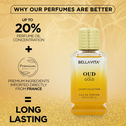 Bellavita Oud Gold perfume bottle with promotional text on a gold background