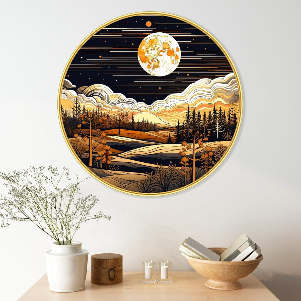 nature scenery Abstract modern art Premium Sparkle lamination Golden Slim Frame 50.8 cm x 50.8 cm Large Size, For Home/Office/Hotel painting GRL-30
