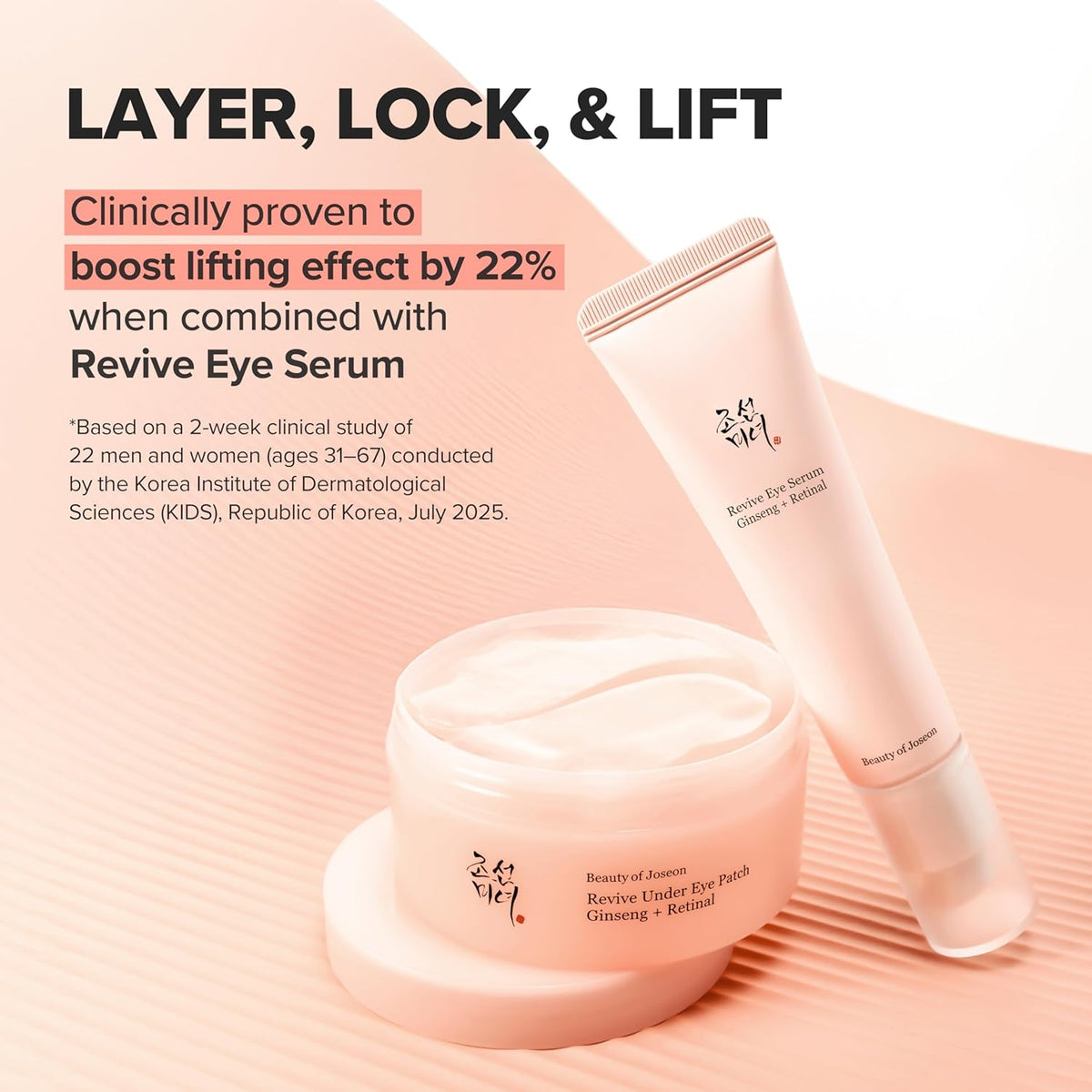 Beauty product set with 'Revive Under Eye Patch' and 'Revive Eye Serum' on a soft pink background.