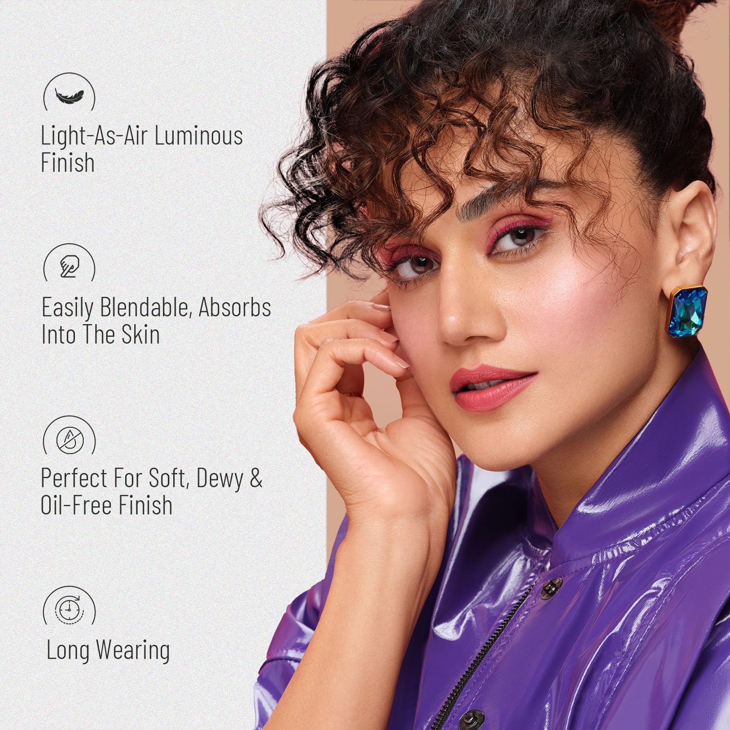 Woman with makeup and a purple jacket, with text about product features on the left.