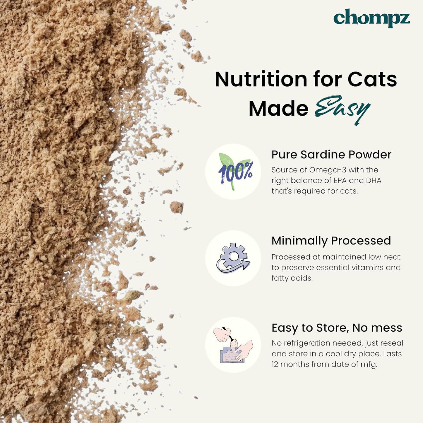 Chompz Sardine Powder for Cats | Natural Omega-3 Supplement | 50G | Pure Whole Fish Powder for Joints, Skin & Coat | Cat Food Topper | Scooper Included | for Kittens & Adults | 25+ Servings