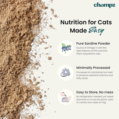 Chompz Sardine Powder for Cats | Natural Omega-3 Supplement | 50G | Pure Whole Fish Powder for Joints, Skin & Coat | Cat Food Topper | Scooper Included | for Kittens & Adults | 25+ Servings