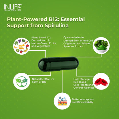 INLIFE Plant Based Vitamin B12 Supplements for Men & Women | Supports Nerve Health & Brain Health | Superfood Formula | B12 from Spirulina Extract - 120 Vegetarian Capsules (Pack of 1, 120)