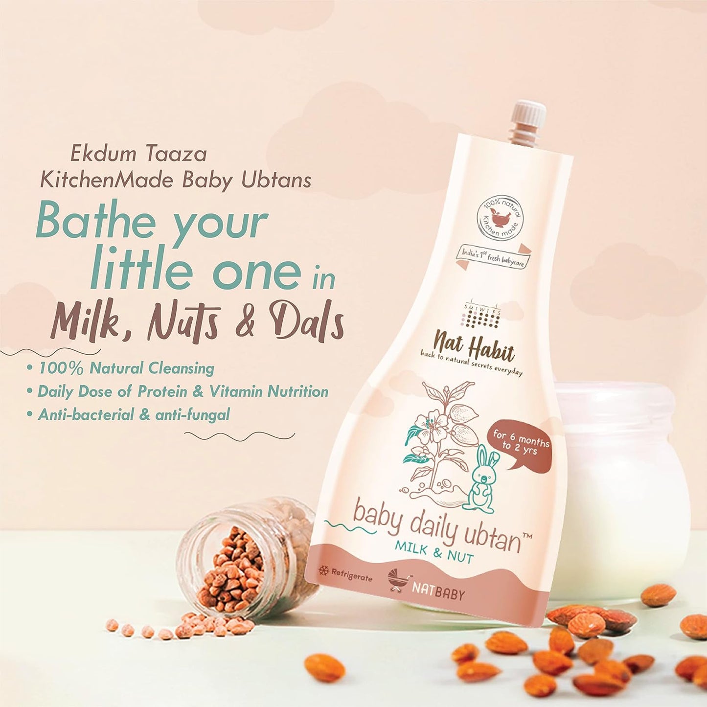 Nat Habit Baby Bath Ubtan with Milk & Nut| Gentle Daily Ubtan for 6 Months to 2 Yrs Old | Protein & Vitamin-Rich Baby Body Wash | Natural, Soap-Free Head to Toe Wash for Babies & Kids, 80g