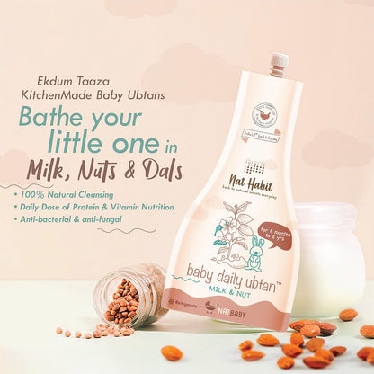 Nat Habit Baby Bath Ubtan with Milk & Nut| Gentle Daily Ubtan for 6 Months to 2 Yrs Old | Protein & Vitamin-Rich Baby Body Wash | Natural, Soap-Free Head to Toe Wash for Babies & Kids, 80g