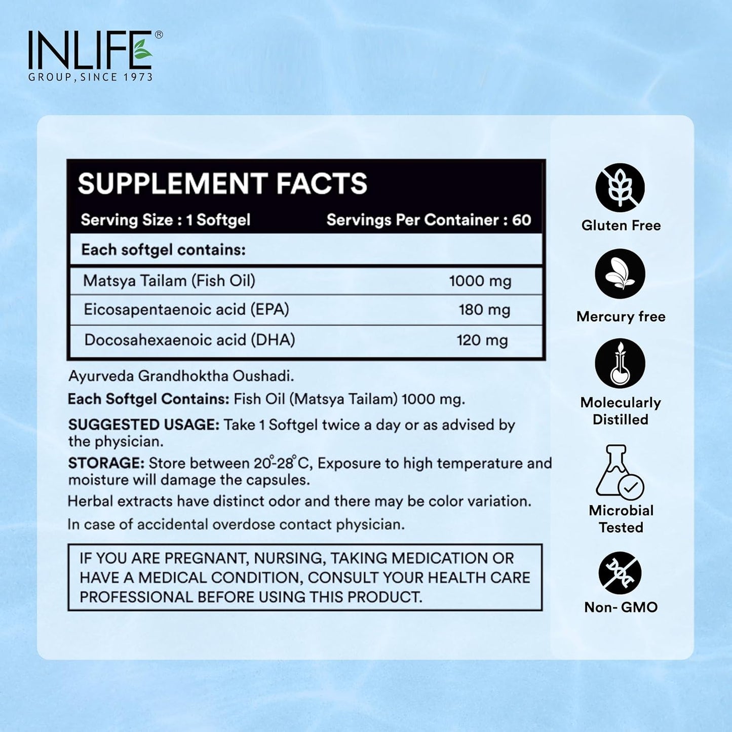 INLIFE Fish Oil Omega 3 Capsule 1000mg | Heart, Brain and Joint Health | Molecularly Distilled Highly Concentrated Supplement - 60 Softgels (60 Softgels)