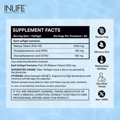 INLIFE Fish Oil Omega 3 Capsule 1000mg | Heart, Brain and Joint Health | Molecularly Distilled Highly Concentrated Supplement - 60 Softgels (60 Softgels)