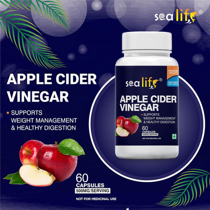 Sea Life Apple Cider Vinegar 500mg Capsules for Weight Loss Management (60 Veg Capsules),Boost Energy | Supports managing blood sugar levels | Improves Cholesterol Levels.