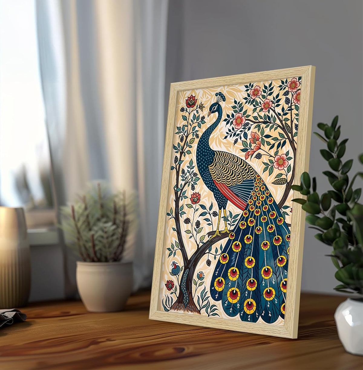 Peacock Painting For Wall Vastu with Frame for Home Decoration, Madhubani Painting for Living Room, 12.0 X 18.0 inches, Set Of 1