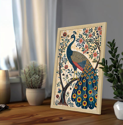 Peacock Painting For Wall Vastu with Frame for Home Decoration, Madhubani Painting for Living Room, 12.0 X 18.0 inches, Set Of 1