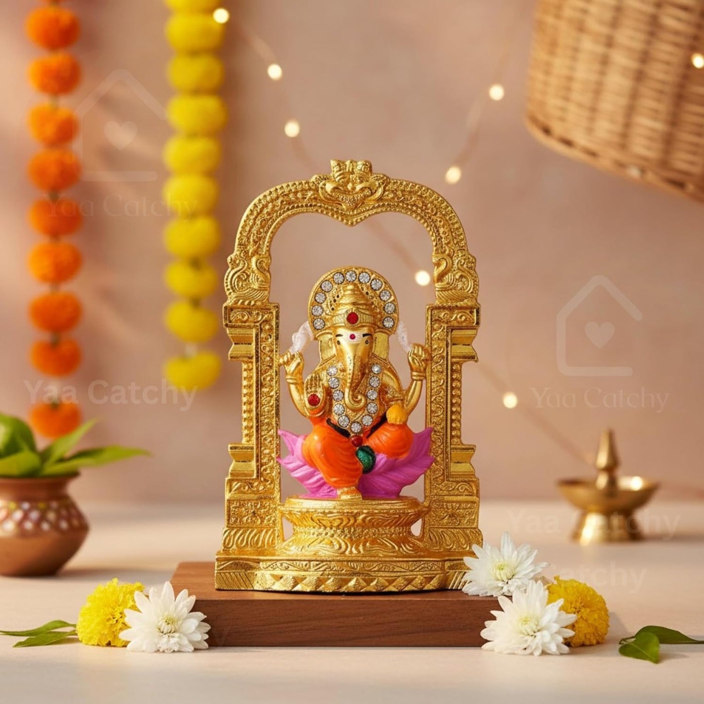 Yaa Catchy Shree Ganesh Car Dashboard Idol | Premium Golden Temple Arch Lord Ganesha Statue for Car, Home & Office Protection and Bless Travelers on Their Journeys.(Golden Arch Lord Ganesha)