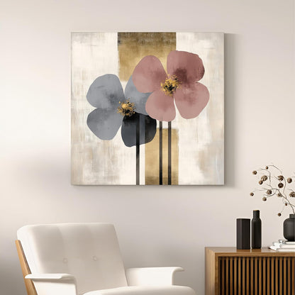 Modern Floral Abstract Stretched Canvas Painting for Living Room | Minimal Botanical Bloom Wall Décor Art For Livingroom, Bedroom, Office, Hallways - 22x22 Inch