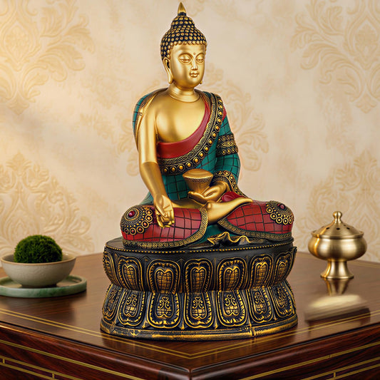 Buddha Statue Showpiece Idol Home Decor Items for Living Room and Gifts (Golden RED Blue)