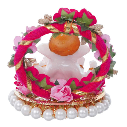 Lord Ganesha Idol on Decorative Handcrafted Plate with Throne of Pink and Red Flowers