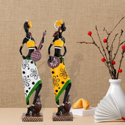 Resin African Girl with Musical Instruments|Captivating Home Décor (Pack of 2, Yellow & Black- Model 2, Large)