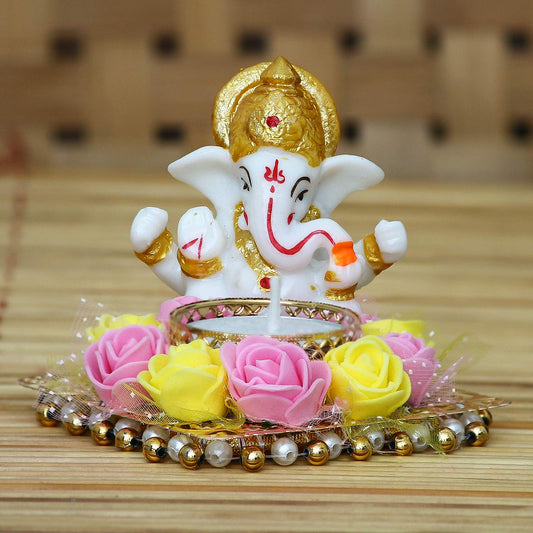Resin Lord Ganesha Idol on Decorative Flower Plate Tea Light Candle Holder|Ganpati Murti Tea Light Holder Diwali Decoration Item for Home Decor Office|Gift for Diwali Housewarming Birthday