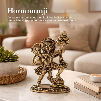 Brass Hanuman Ji Idol | Handcrafted Hanuman Murti for Pooja Room | Home Temple & Festival Gift (Design04: L5 x W3 x H7.5 cm)