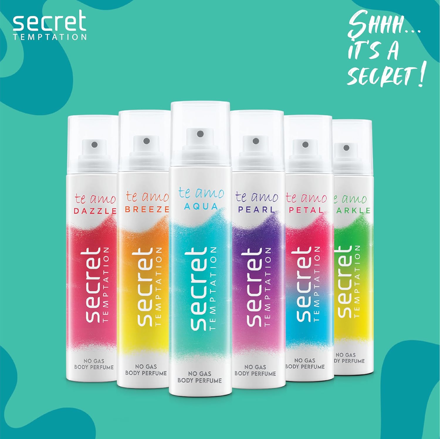 Secret Temptation body perfumes in various scents on a teal background