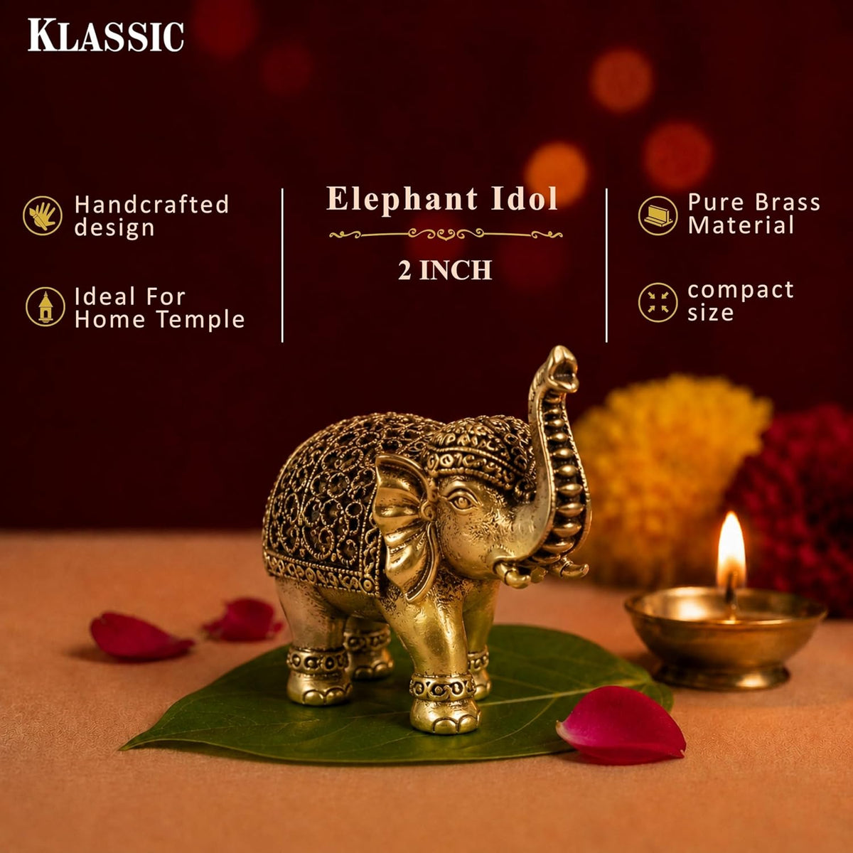 2 Inch Pure Brass Elephant Idol | Decorative Vastu Showpiece for Home Temple, Mandir, Pooja Room, Office Desk | Ideal for Pooja, Diwali, Auspicious Gifting & Spiritual Home Decor
