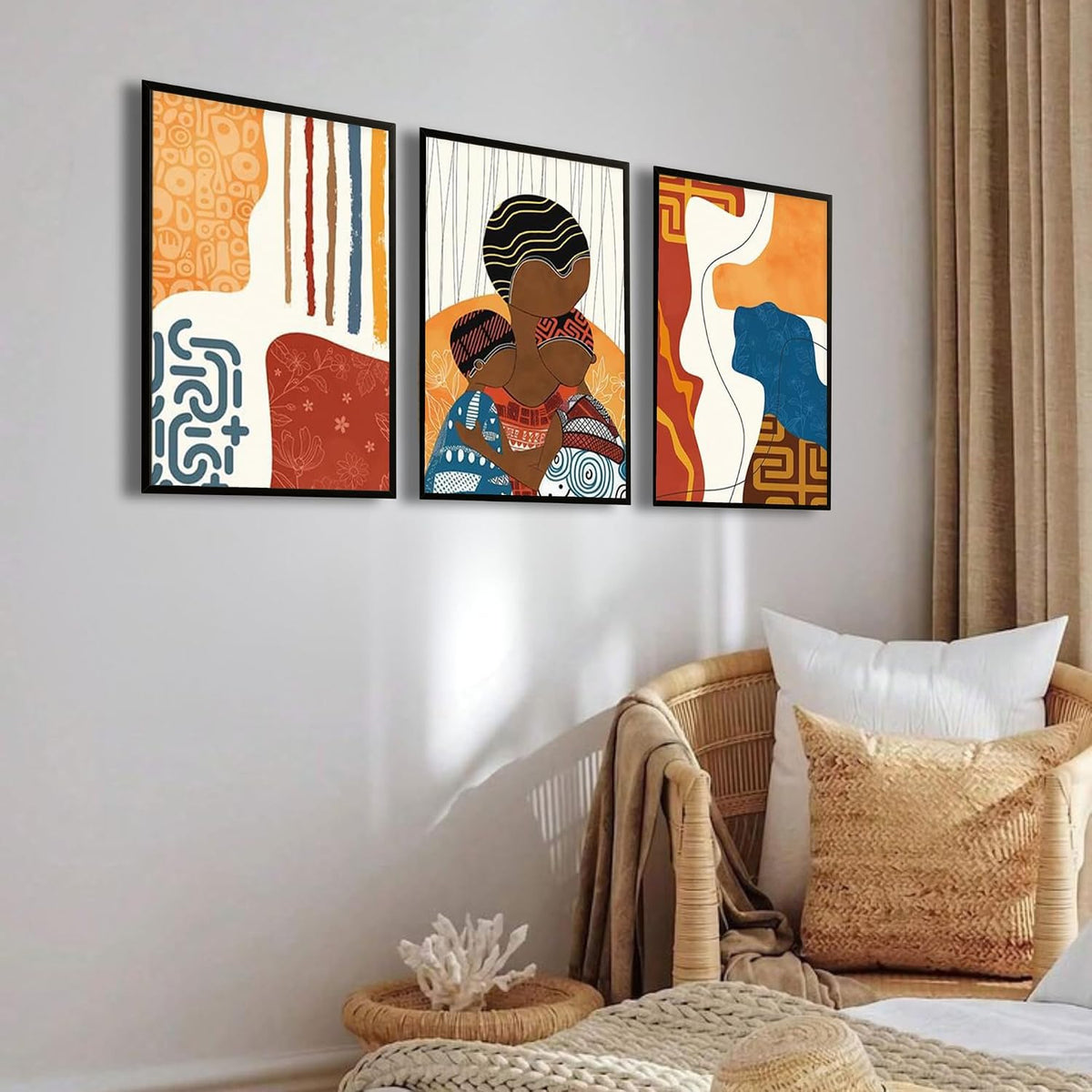 Modern Abstract Madhubani Art Painting with Frame | UV Printed, Scratchless Sparkle Laminated | Paintings for Living Room, Home Decor, Bedroom, Office, Hall, Black Textured Frames, Set of 3