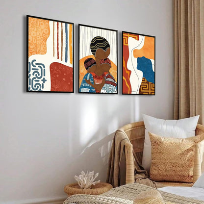 Modern Abstract Madhubani Art Painting with Frame | UV Printed, Scratchless Sparkle Laminated | Paintings for Living Room, Home Decor, Bedroom, Office, Hall, Black Textured Frames, Set of 3