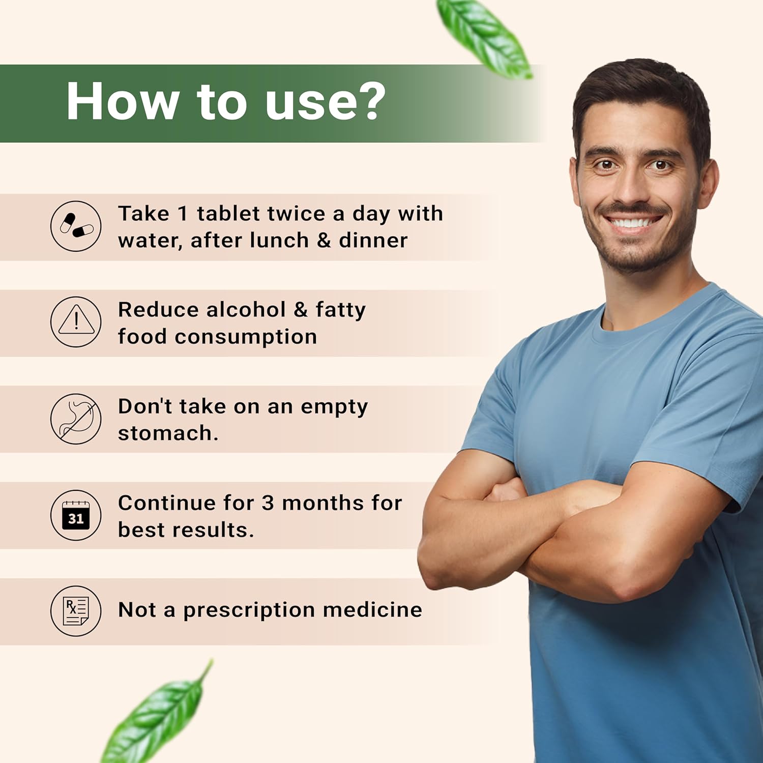 Man in a blue shirt with health tips on how to use a supplement, against a beige background.