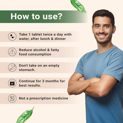 Man in a blue shirt with health tips on how to use a supplement, against a beige background.
