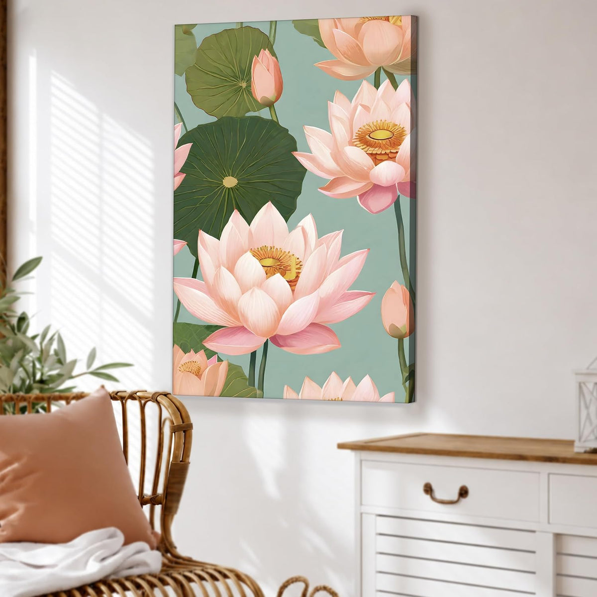 Abstract Pink Lotus Flowers Vastu Canvas Wall Art Painting For Living Room, Botanical Floral Painting, Pastel Calm Floral Wall Art for Home, Bedroom, Office (22x34 Inch)