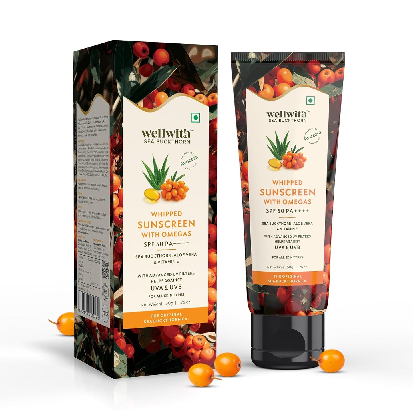 WellWith SPF 50 PA ++++ Whipped Sunscreen with Sea Buckthorn , Aloe Vera , Vitamin E | Broad Spectrum UVA & UVB Protection | Hyper Pigmentation , Lightweight, Hydrating , Non-Greasy | Daily Sunscreen for All Skin Types | 50gm