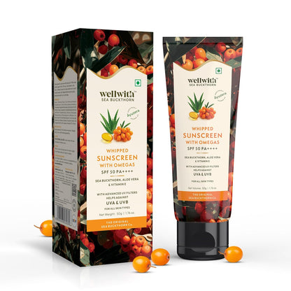 WellWith SPF 50 PA ++++ Whipped Sunscreen with Sea Buckthorn , Aloe Vera , Vitamin E | Broad Spectrum UVA & UVB Protection | Hyper Pigmentation , Lightweight, Hydrating , Non-Greasy | Daily Sunscreen for All Skin Types | 50gm