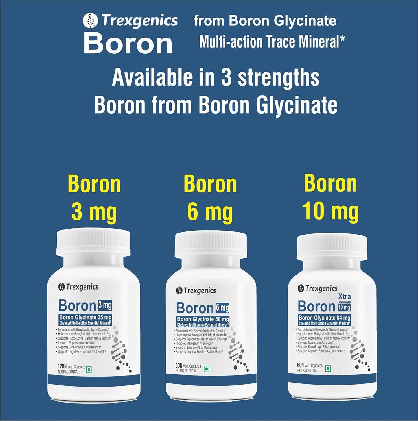 Trexgenics Boron 10 mg XTRA STRENGTH from Boron Glycinate Multi-action Mineral, Bone, Cognitive Function, Reproductive & Joint Health ((60 Veg Capsules)