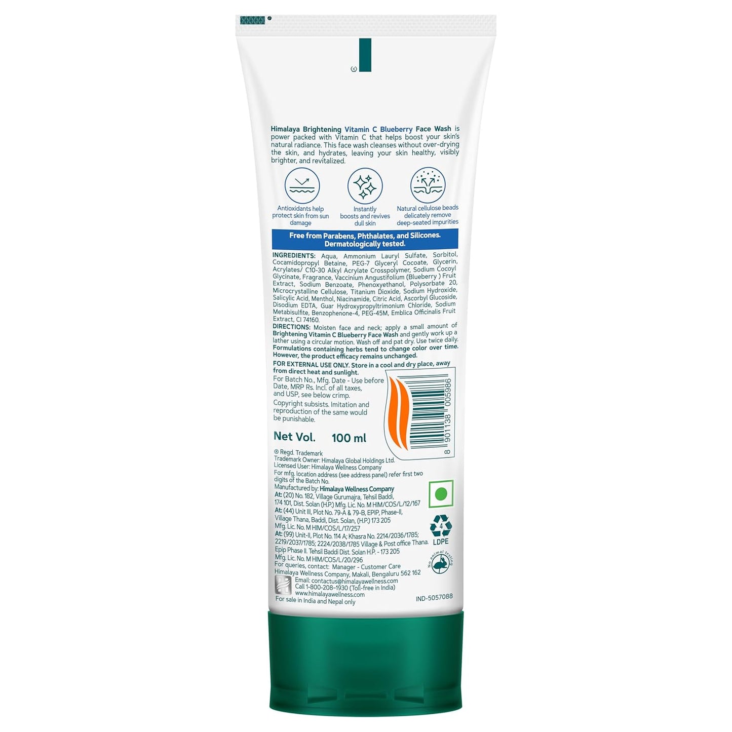 Back view of a skincare product tube with text and branding on a white background