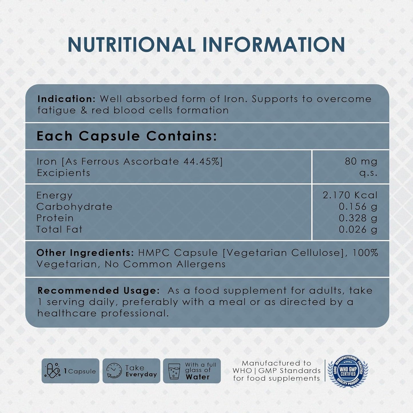 Nutritional information label for a supplement capsule on a light blue background