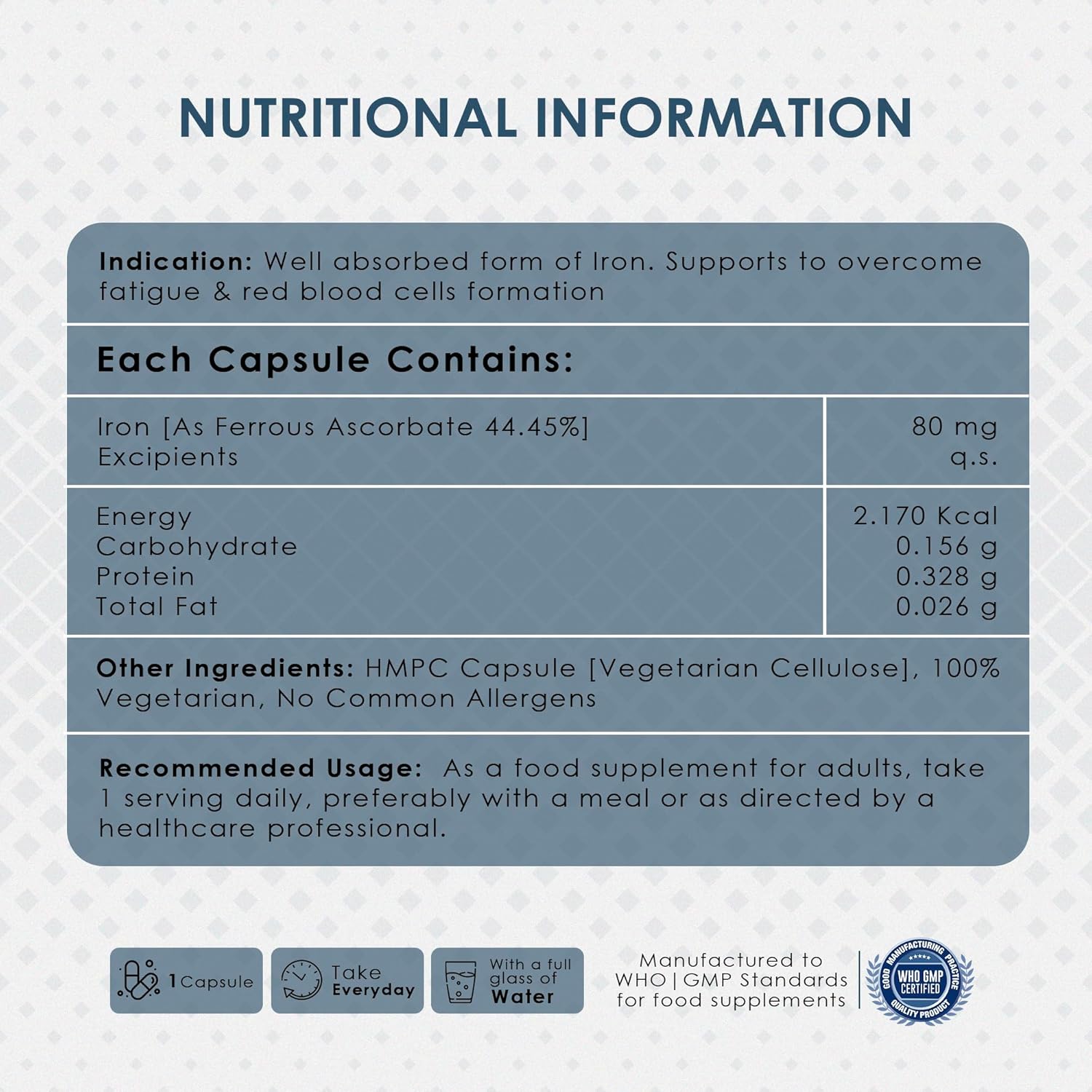 Nutritional information label for a supplement capsule on a light blue background
