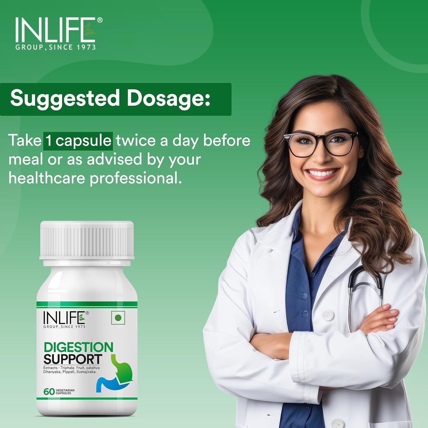 INLIFE Digestion Support Supplement | Triphala, Satahva, Dhanyaka, Pippali, Svetajiraka for Healthy Digestive Support | For Men and Women - 60 Vegetarian Capsules