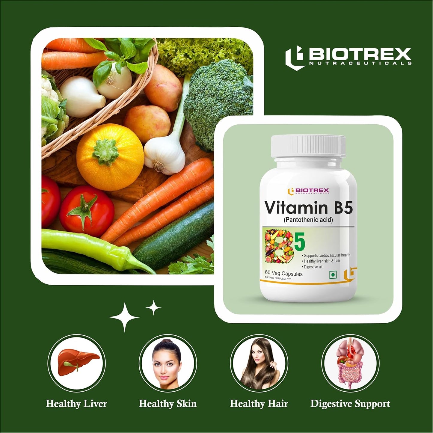 Biotrex Nutraceuticals Vitamin B5 (Pantothenic acid) Supplement | Daily 100% RDA | Energy & Metabolism | Nerve Health | Healthy Cholesterol Levels | Hair, Skin & Nails | Lab Tested | 60 Veg Capsules