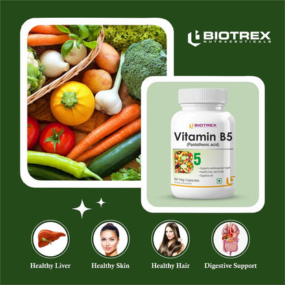 Biotrex Nutraceuticals Vitamin B5 (Pantothenic acid) Supplement | Daily 100% RDA | Energy & Metabolism | Nerve Health | Healthy Cholesterol Levels | Hair, Skin & Nails | Lab Tested | 60 Veg Capsules