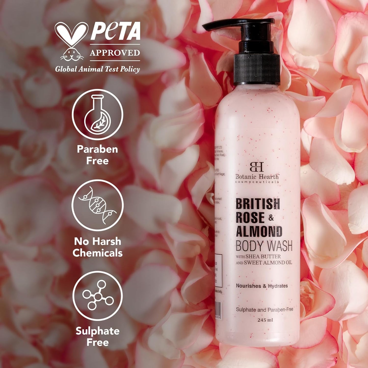 Botanic Hearth British Rose & Almond Body Wash Shower Gel for Women & Men with Shea Butter | Moisturizing & Softening Body Wash for Men & Women | Sulfate & Paraben Free | 245ml