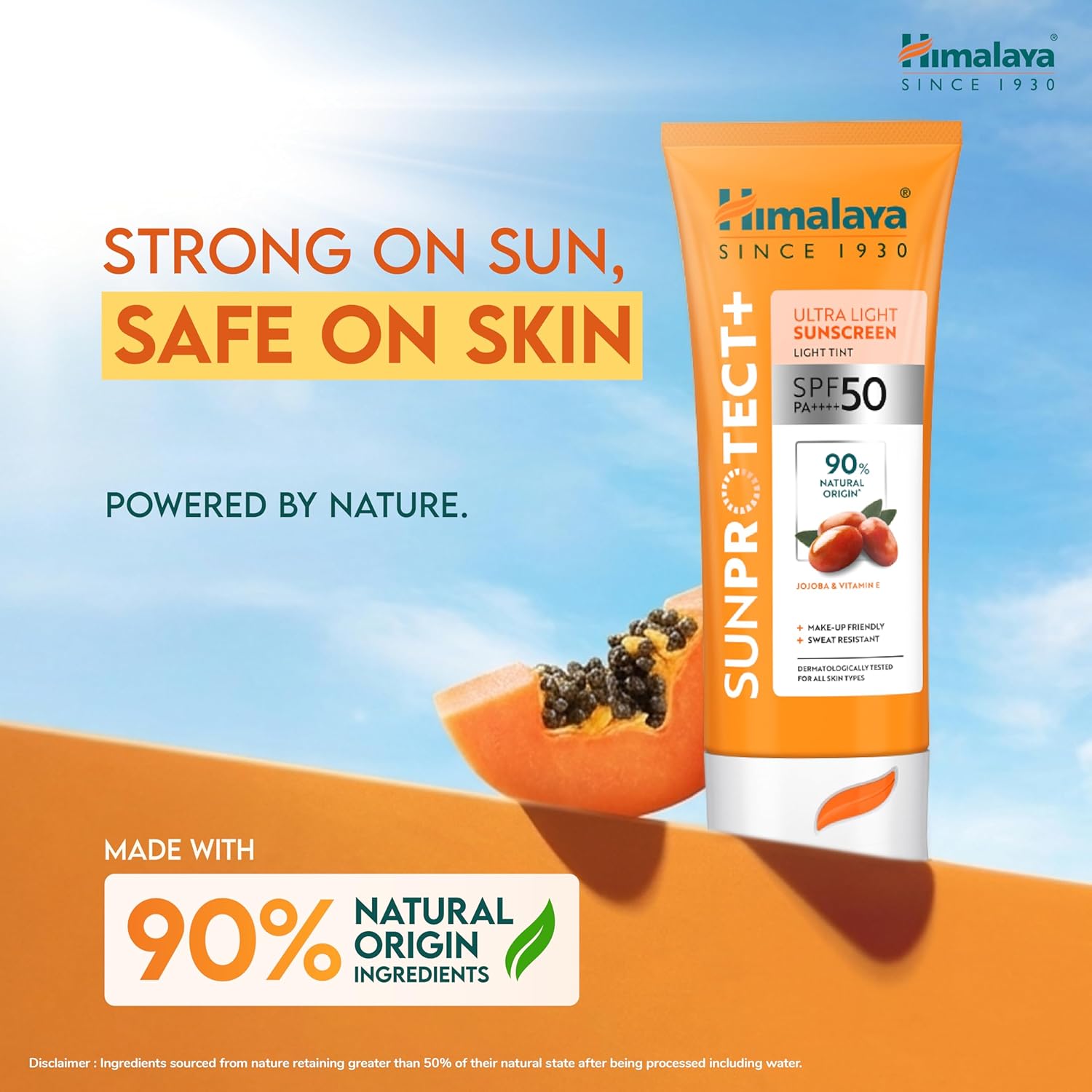 Himalaya Sun Protect sunscreen tube with natural ingredients claim against a blue sky background