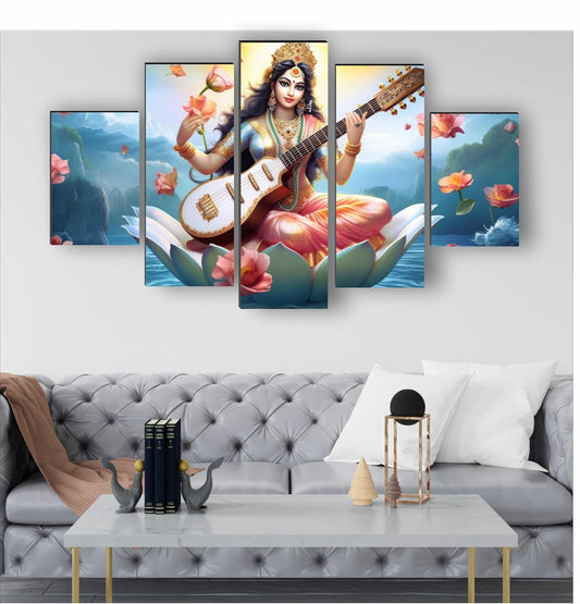 Saraswati ma Paintings for Living Room | Painting for Wall Decoration | 3D Wall Art for Bedroom | lord Saraswati Religious Wall Painting Set of 5 (75 x 45 cms) SANFPNLS35507