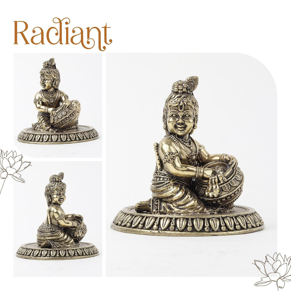 Laddu Gopal Ji Brass Idol | Makhan Chor Krishna Sculpture with Intricate Detailing | Bal Krishna Idol for Home Temple (Design01: L5 x W7.5 x H7 cm)