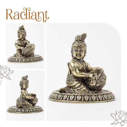 Laddu Gopal Ji Brass Idol | Makhan Chor Krishna Sculpture with Intricate Detailing | Bal Krishna Idol for Home Temple (Design01: L5 x W7.5 x H7 cm)