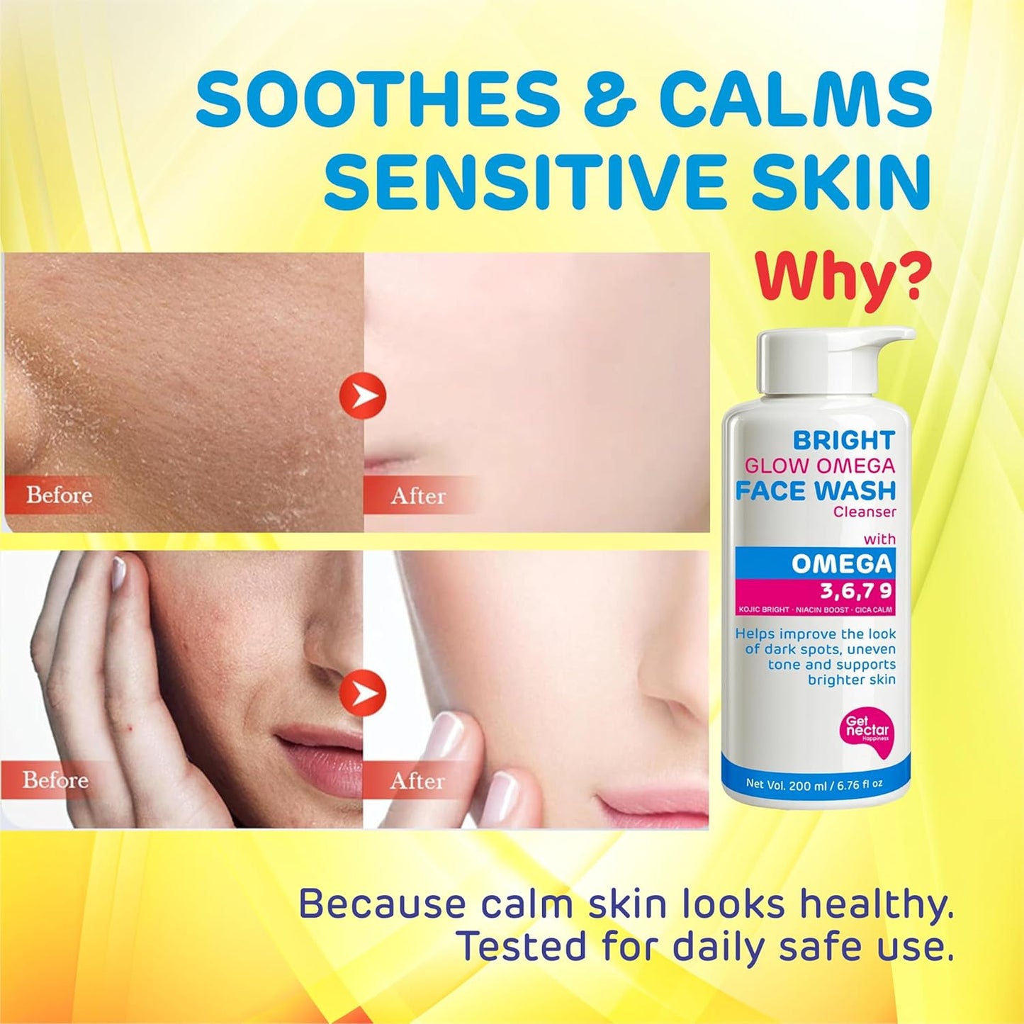Advertisement for a face wash with before and after skin comparisons on a yellow background.