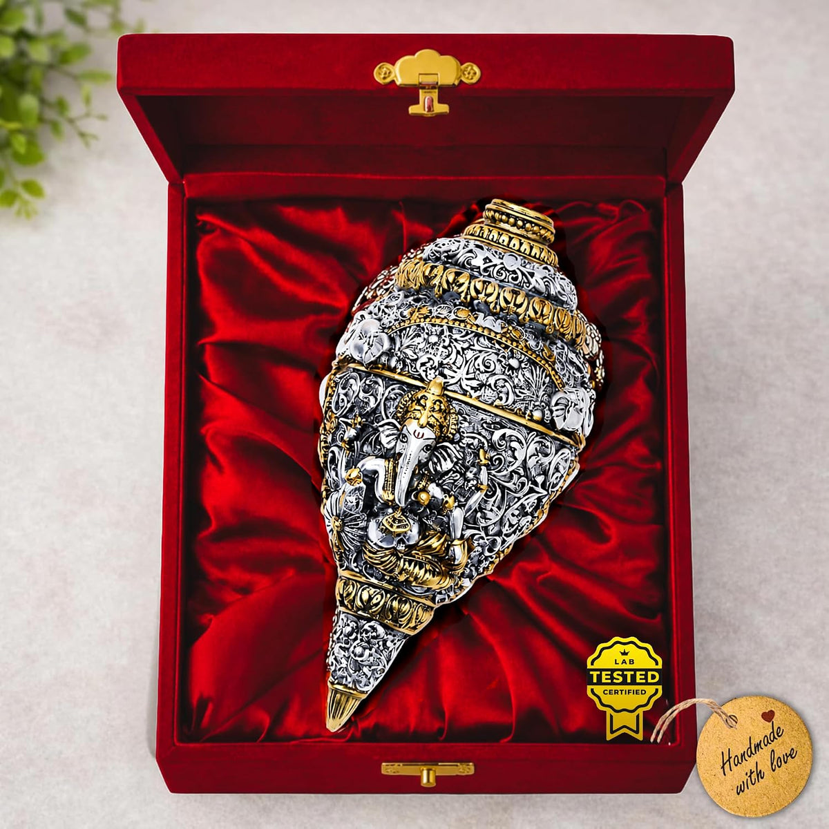 SRM's Divinely GoDivinely Certified 999 Silver Plated & 24K Gold Finish Ganesh Shankh | Sacred 5.5 Inch Dual-Tone Conch Shell Showpiece | Vastu Decor for Home Mandir & Office | Auspicious Silver Gift items Sankh