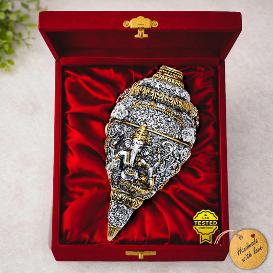 SRM's Divinely GoDivinely Certified 999 Silver Plated & 24K Gold Finish Ganesh Shankh | Sacred 5.5 Inch Dual-Tone Conch Shell Showpiece | Vastu Decor for Home Mandir & Office | Auspicious Silver Gift items Sankh