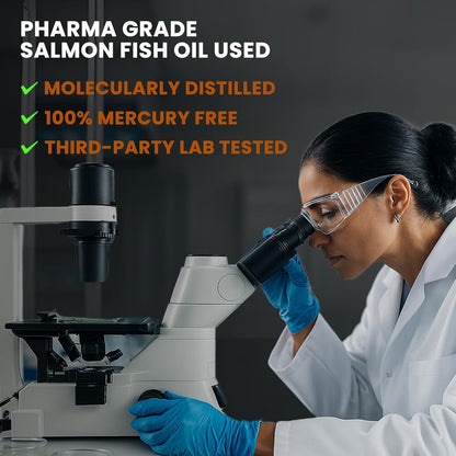 Scientist using a microscope with text about salmon fish oil quality.