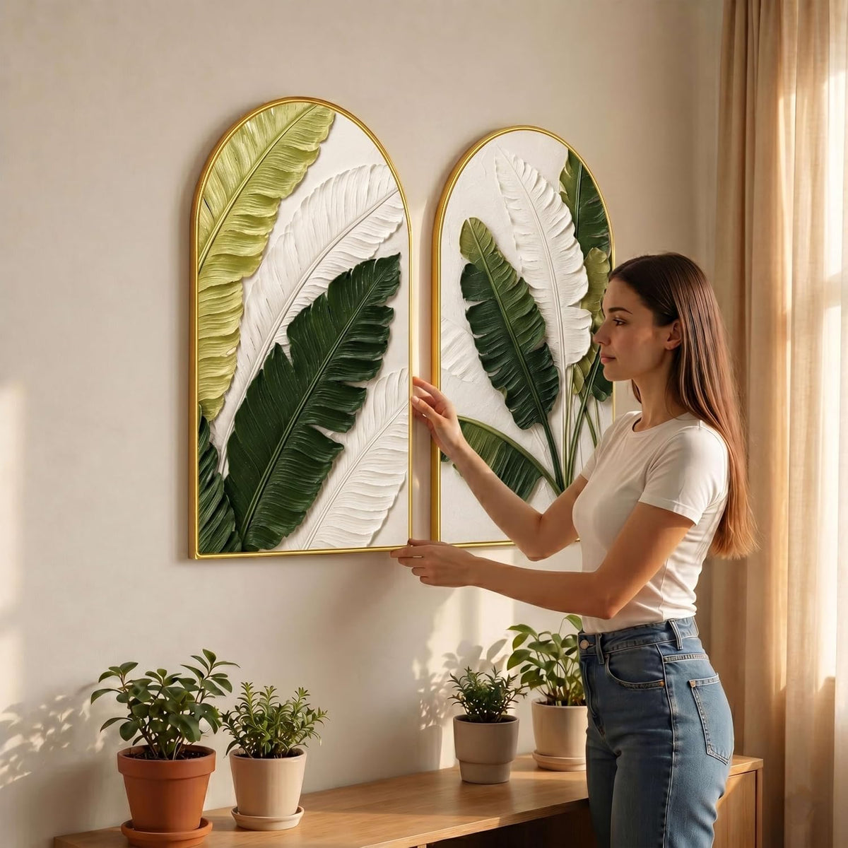 Set of 2 Tropical Leaf Wall Painting for Living Room, Green Botanical Modern Artwork, PVC Golden Frame, Arch Shape Wall Decor for Bedroom, Hall, Office & Gift (30 x 32 Inch) RPNL-02-115
