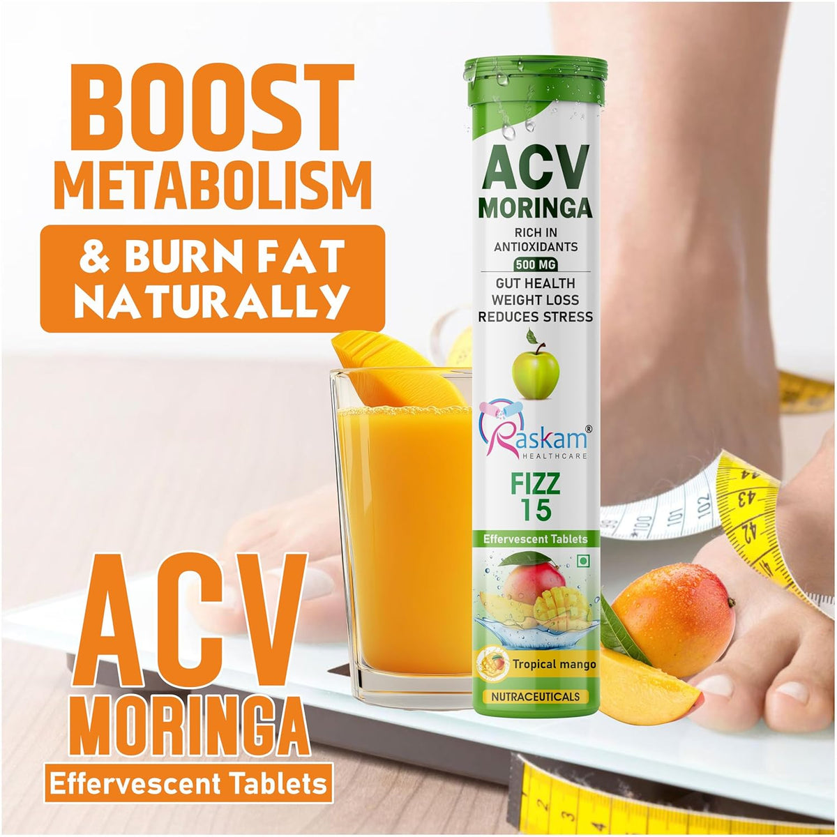 ACV Moringa supplement bottle with a glass of juice and fruits on a light background