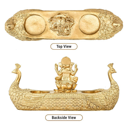 10x5 Inch Resin Lord Ganesha Idols with 2 Diya | Vinayagar Statue for Pooja Room | Ganpati Idol for Home and Office Decor | Golden