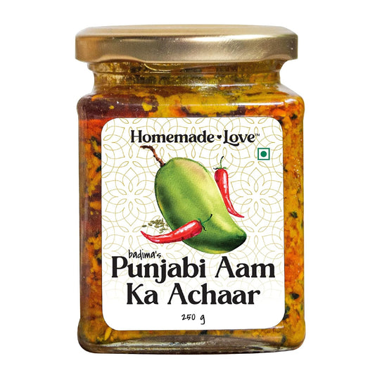 Homemade Love Authentic Punjabi Mango Pickle | Spicy & Tangy Aam Ka Achaar with Raw Mango, and spices mixed with mustard oil